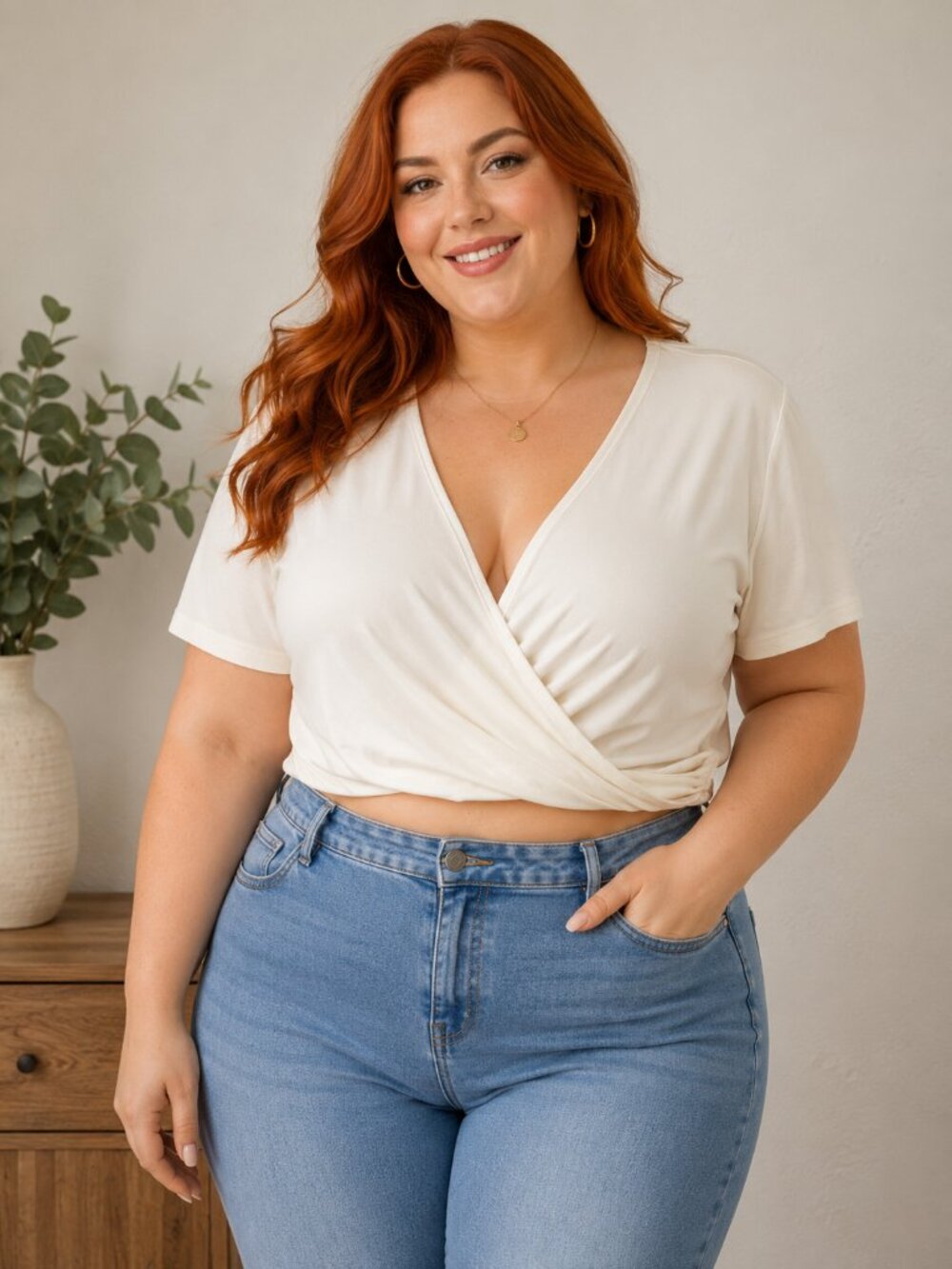 SHEIN Curve Women's 3XL Ivory Wrap Front Crop Top Short Sleeve V-Neck Blouse